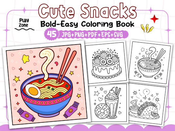 Bold and Easy Cute Snacks Coloring Pages for Graphics