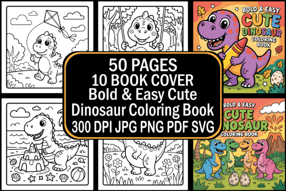 Bold Easy Cute Dinosaur Coloring Book Graphics and Coloring Pages