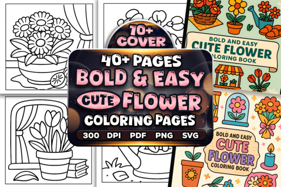 Bold Easy Flower Coloring Pages Bundle for Graphics and Publishing