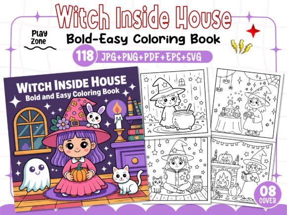 Bold Easy Witch Inside House Graphics for Coloring Pages